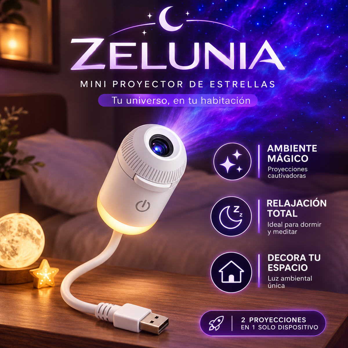 ZELUNIA – Mini Proyector de Estrellas USB